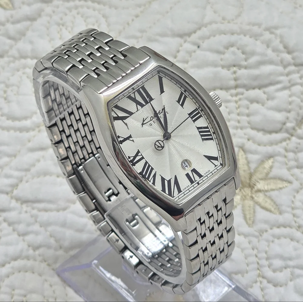 VTG Kolber Geneve Tonneau Men's Watch K8420 Silver Large Wrist Quartz Guilloche